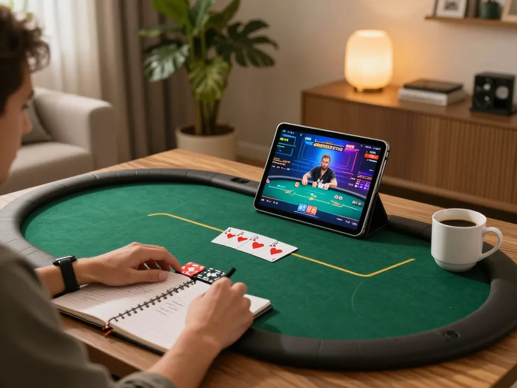 Player enjoys strategic poker game on F8bét with a cozy home setup