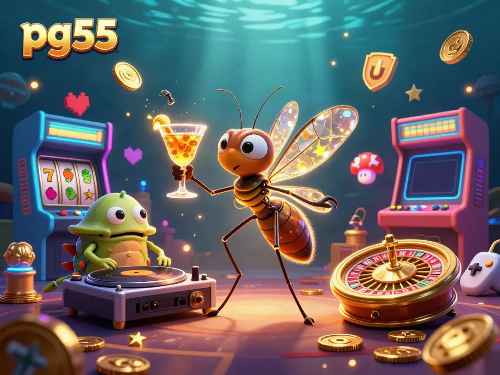 Experience the thrill of pg55 with a dynamic 3D casino scene featuring a fun mascot, fossilized DJ, and rich game elements.