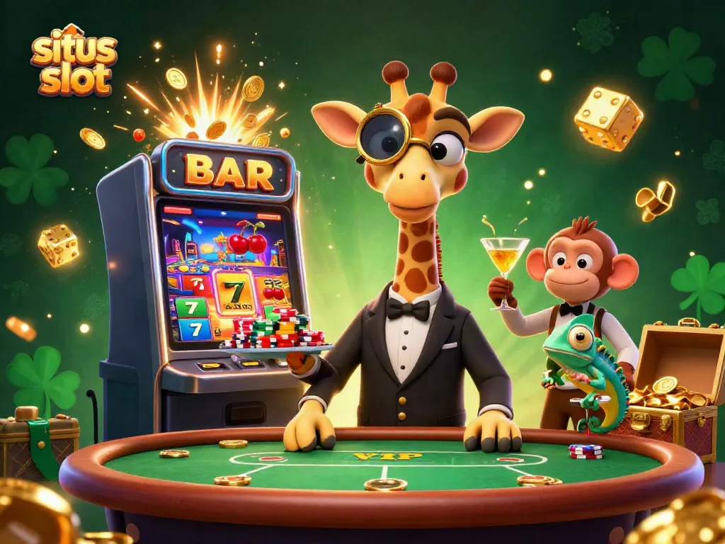Experience winning thrills at situs slot with a vibrant casino scene featuring a giraffe and monkey amidst a slot jackpot explosion.