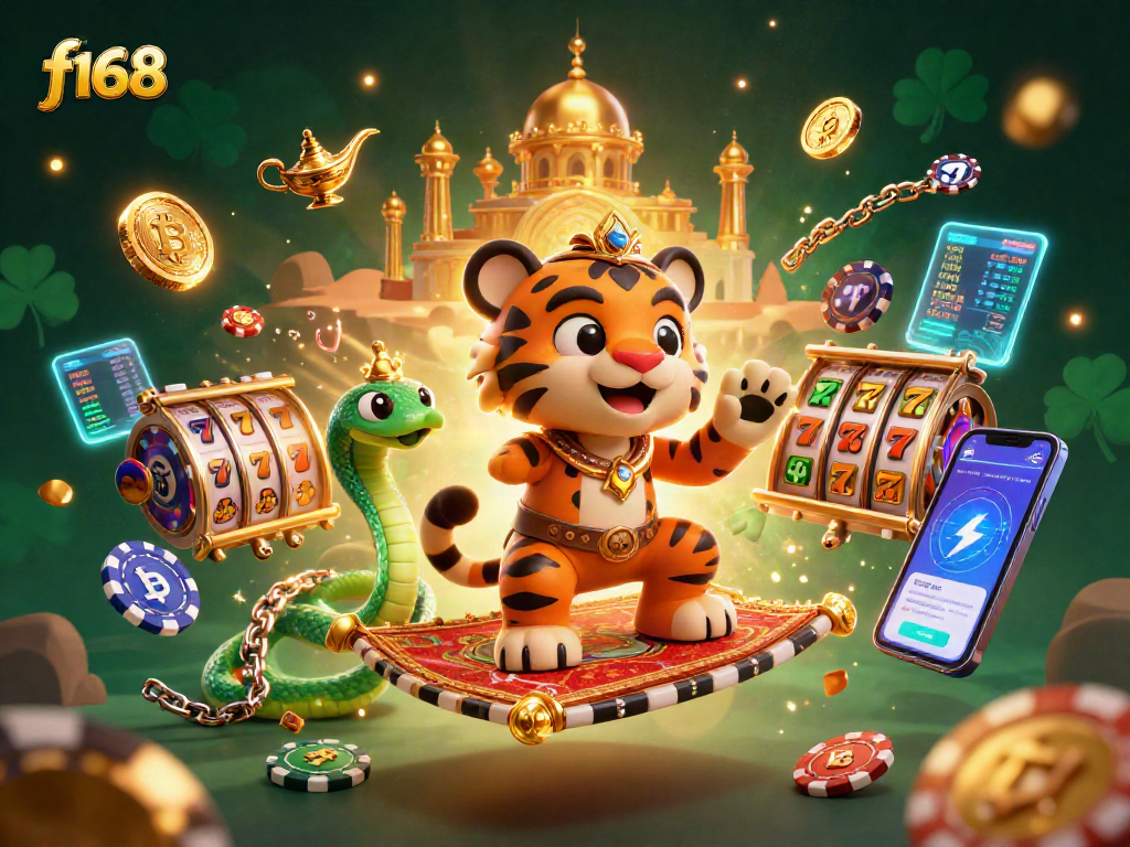 Experience thrilling slots and jackpots in f168 with a vibrant 3D tiger sultan on a poker chip carpet