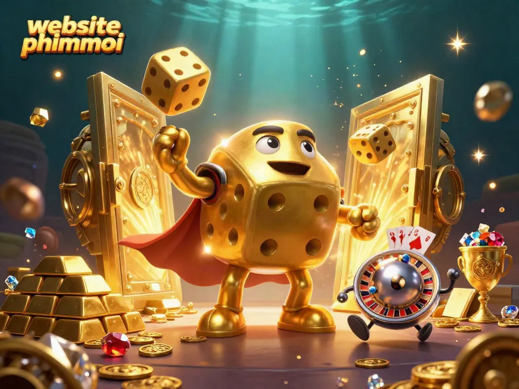 Engage with the captivating concept of website phimmoi, featuring golden casino elements and dynamic characters.