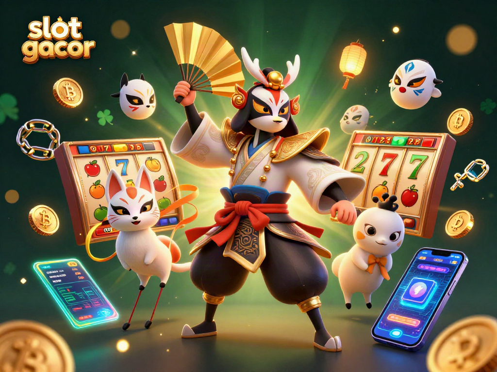 Engage with thrilling slot gacor gameplay illustrated by kabuki warriors and crypto elements.