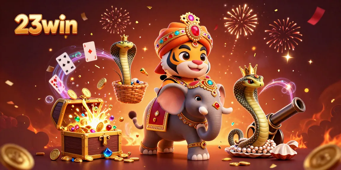 Experience the thrill of 23win casino with a vibrant 3D illustration of a maharaja and treasures.