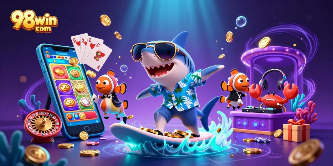 Engage with exciting games at 98win com featuring a shark, aquatic creatures, and dynamic casino elements!