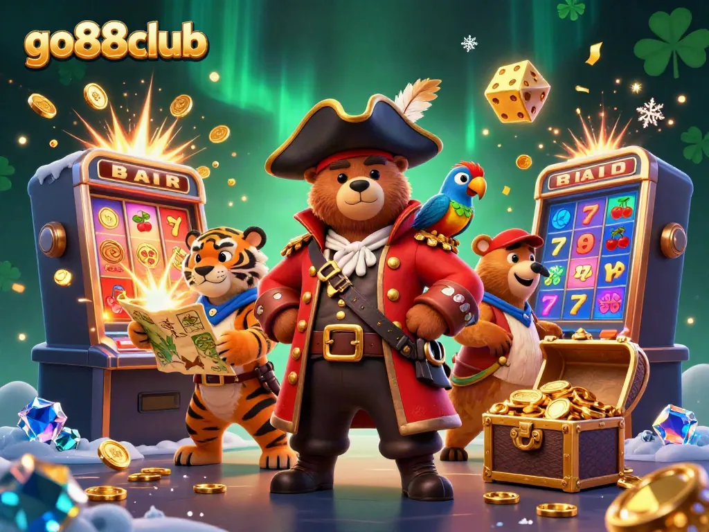 Experience thrilling adventures at go88club with a dynamic scene of a cartoon pirate captain bear, tiger first mate, and treasure-filled slots.