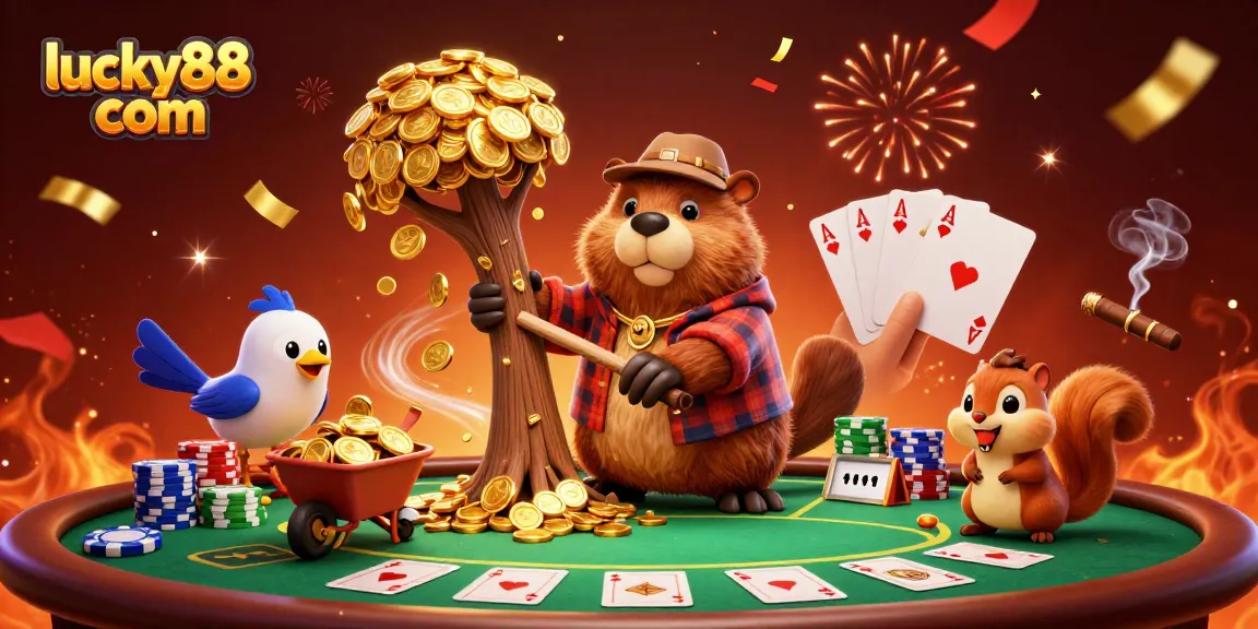 Experience exciting gameplay at lucky88 com with cartoon characters celebrating wins among poker chips and golden coins.