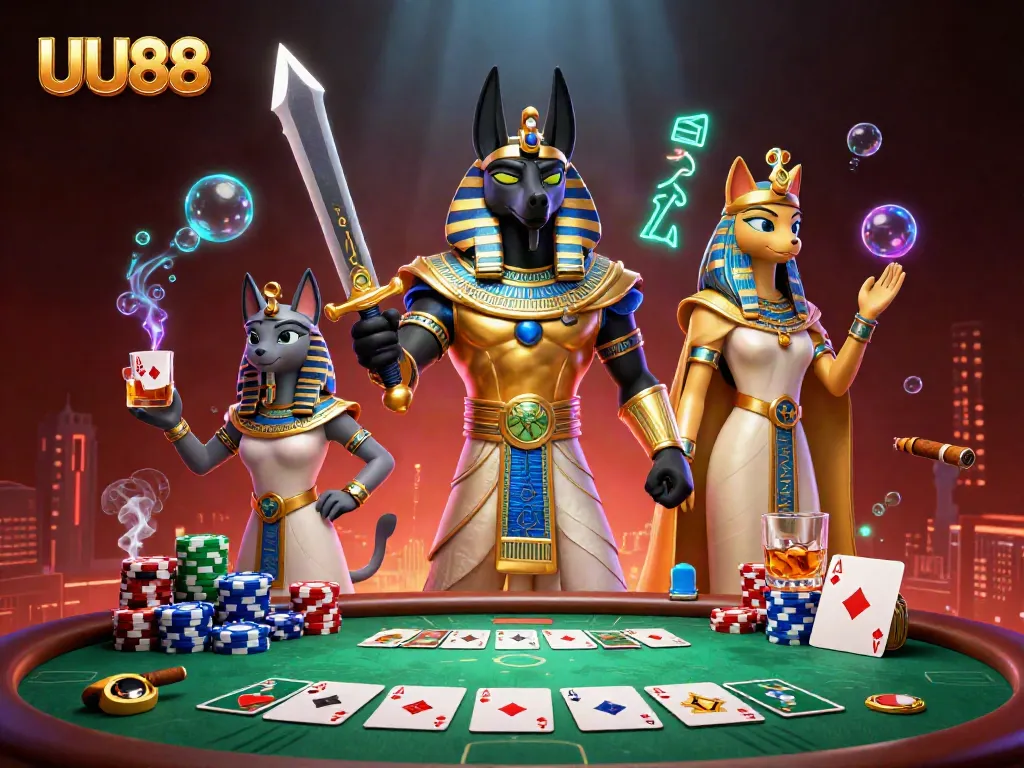 Engage in thrilling poker action with UU88, featuring Anubis and Bastet amidst vibrant casino elements.