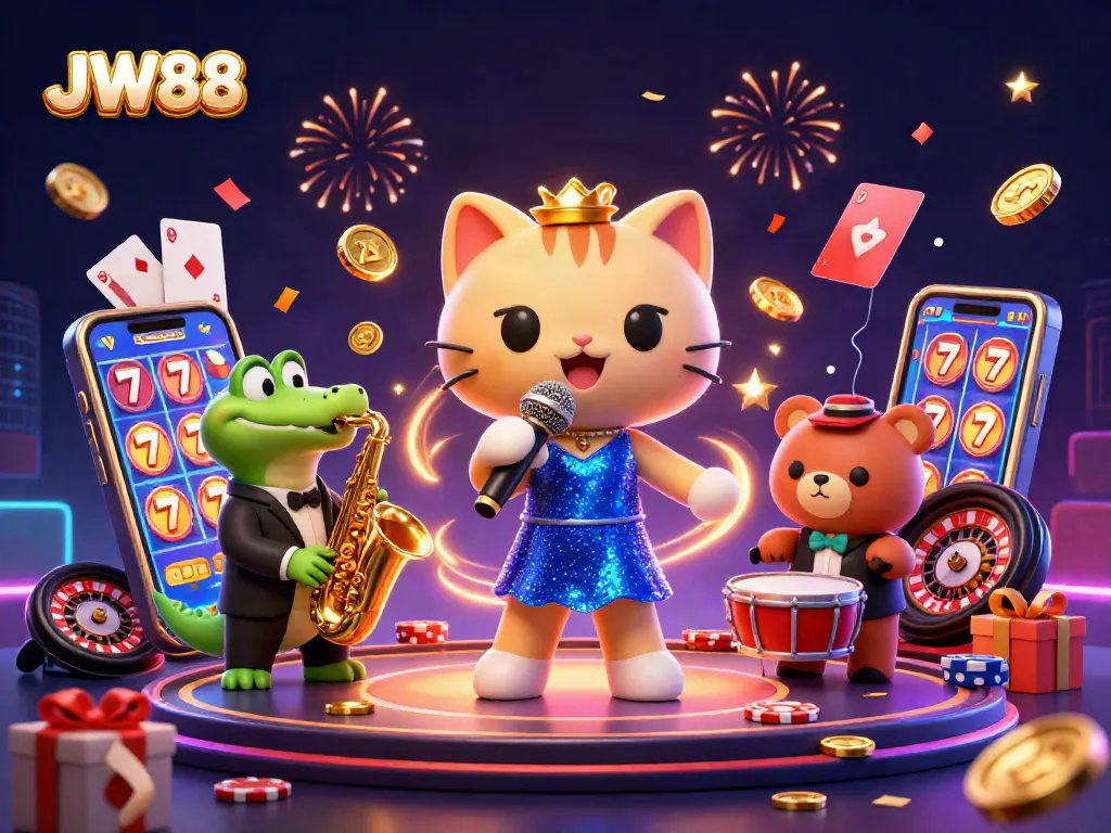 Experience the vibrant JW88 online casino scene with a joyful jazzy cat and energetic characters.