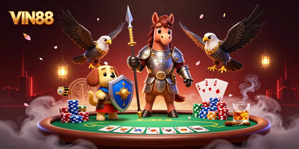 Engage in thrilling poker action at VIN88 with a knight, squire, and falcon illustration.