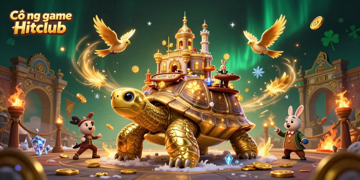Cổng game Hitclub showcases a vibrant 3D scene with a golden tortoise casino, rabbit dealer, and flying coins, illustrating online gambling.