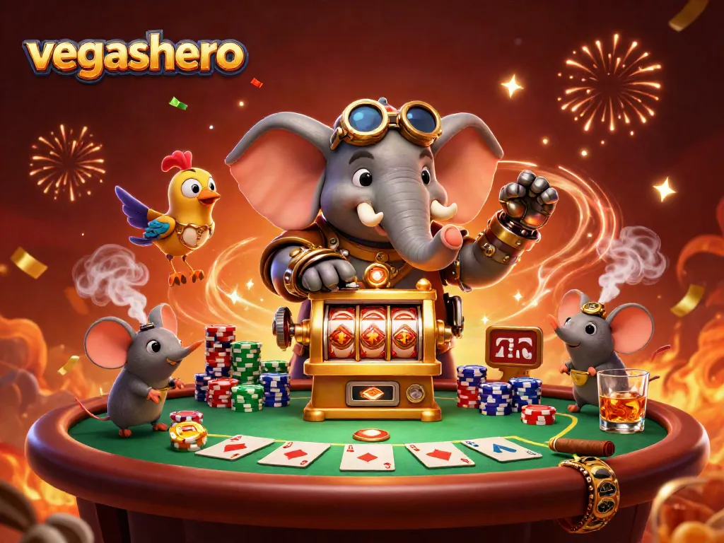 Experience vegashero excitement with a steampunk elephant at a dynamic slot machine surrounded by poker elements.