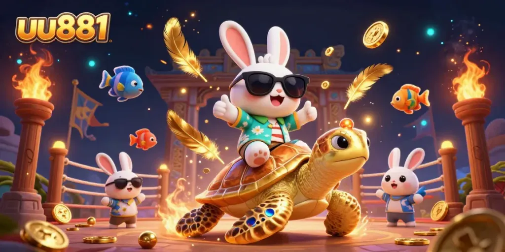 Immerse in the thrilling gaming atmosphere of uu881 with a lucky rabbit and golden turtle amid casino elements.
