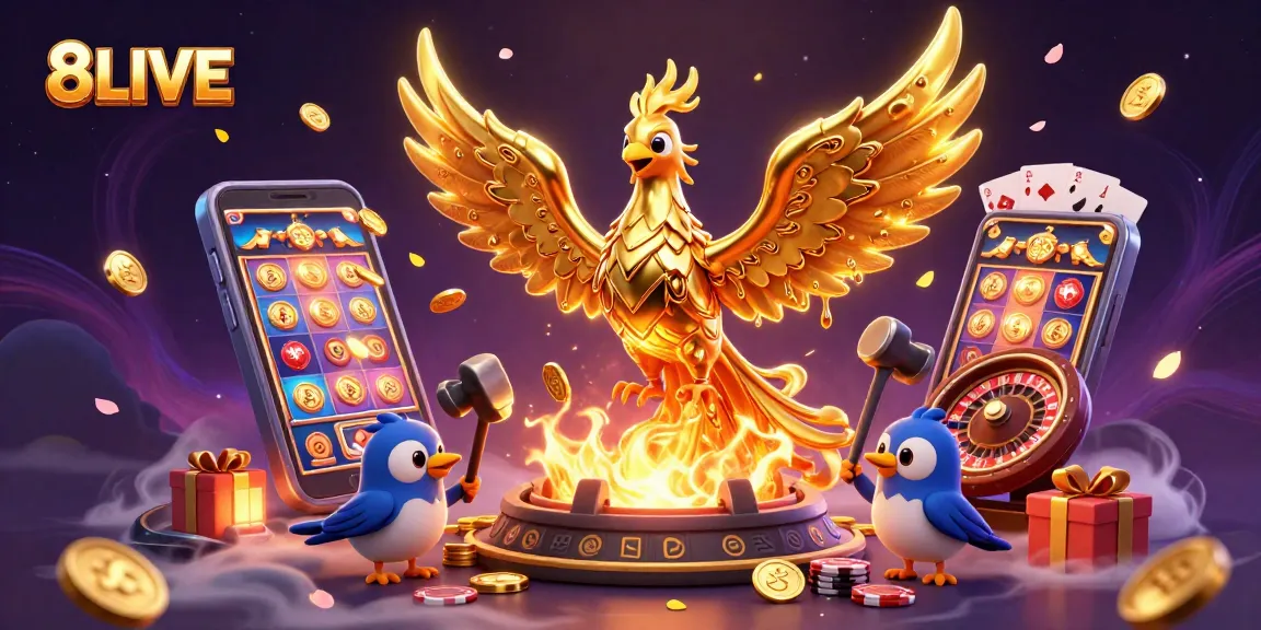 Win big with 8LIVE’s vibrant casino illustration featuring golden phoenix and dynamic gaming elements