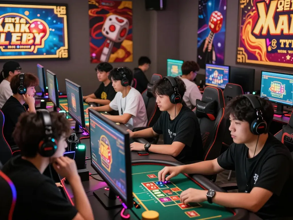 Engaging tai xiu online gaming scene with diverse players and colorful setups, showcasing excitement and community.