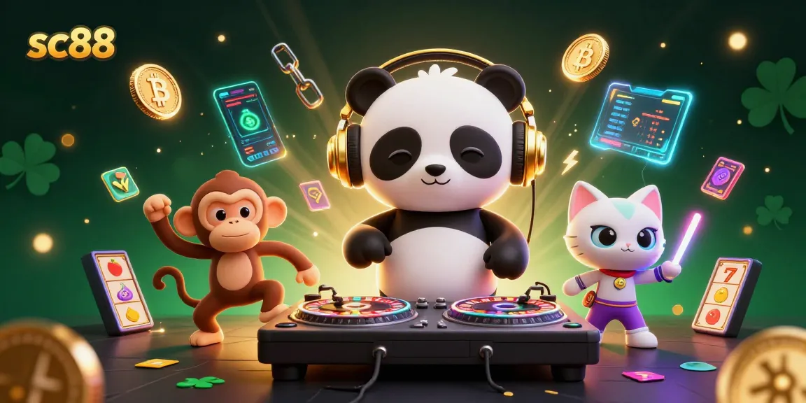 Experience sc88 with a vibrant 3D illustration of casino fun, featuring DJ panda, dancing monkey, and kitten.