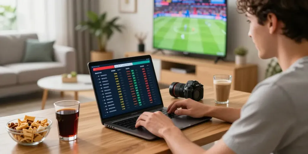 Engaged player at https://fabet.com.mx/ betting on sports in a lively living room.