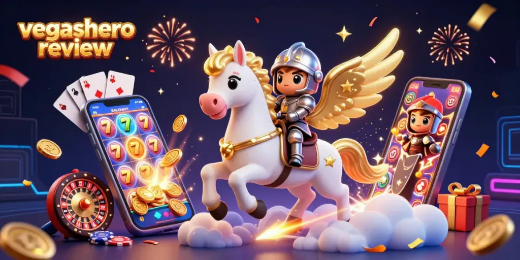Experience excitement with vegashero review as a celestial horse gallops among slot games and casino treasures.