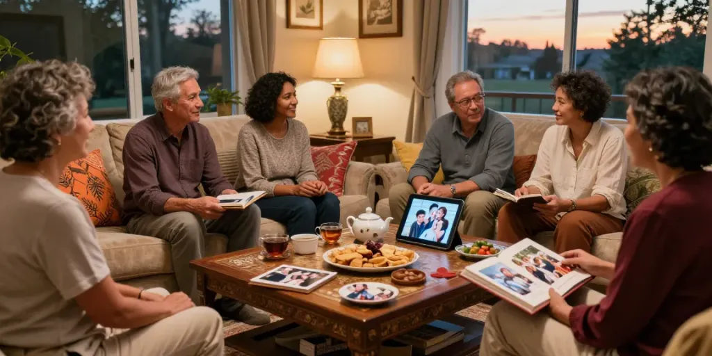 Family gathering discussing the importance of rokok88 login, showcasing connections and sharing memories in a cozy setting