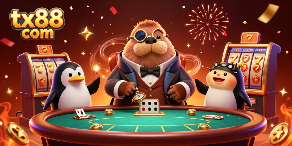 Experience the thrill of winning at tx88 com with jolly walrus at an underwater poker table amidst a vibrant casino scene