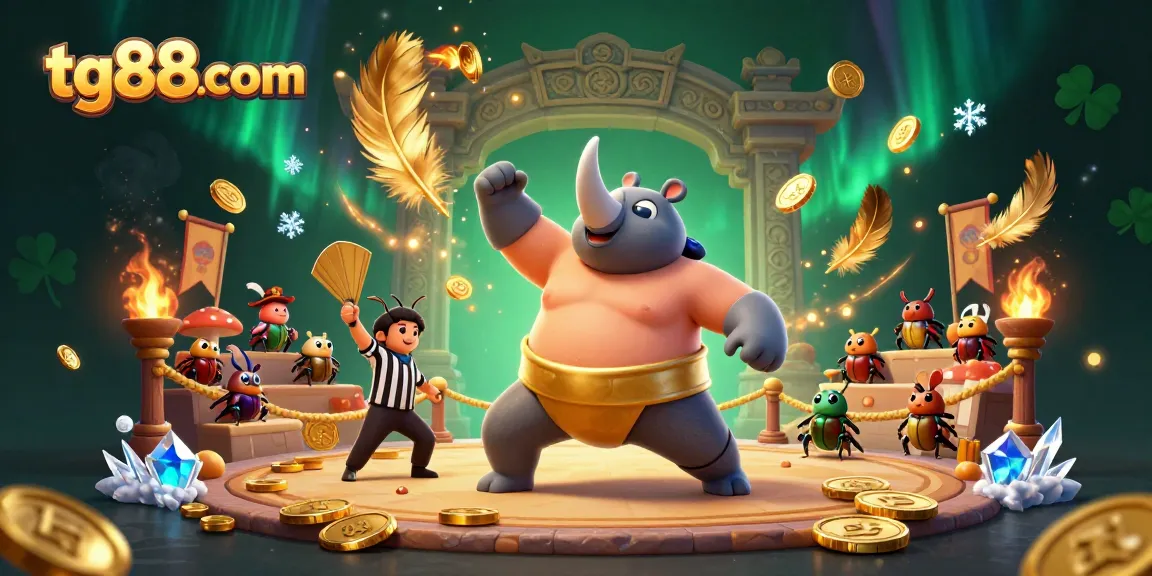 Experience thrilling gaming with tg88 com as a sumo beetle champion stomps coins amidst a lively casino scene.
