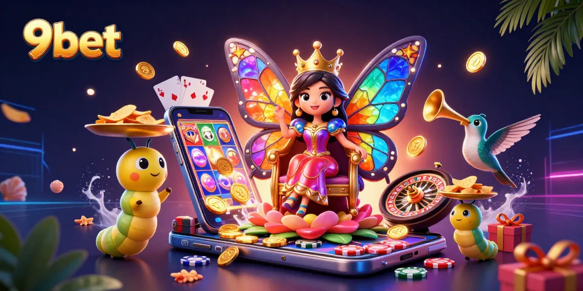 Engage in thrilling gameplay at 9bet with a vibrant casino scene of a butterfly queen and gaming elements.