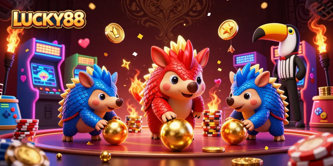 Play with LUCKY88 as rival pangolins bowl through vibrant casino chips and arcade elements.