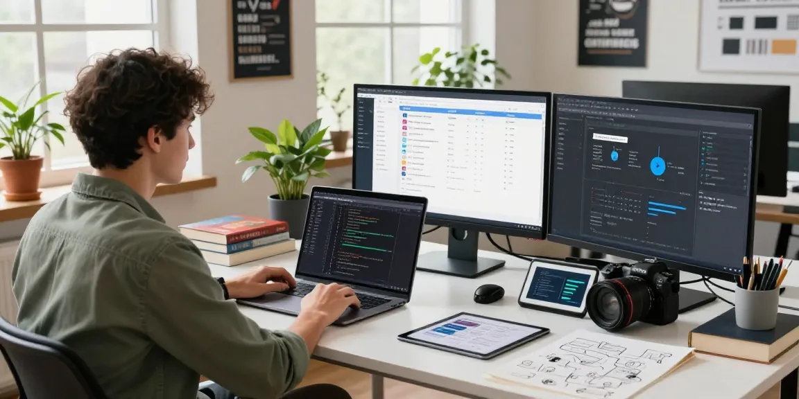 Build internal tools with AI in a modern workspace featuring a developer coding on dual monitors.