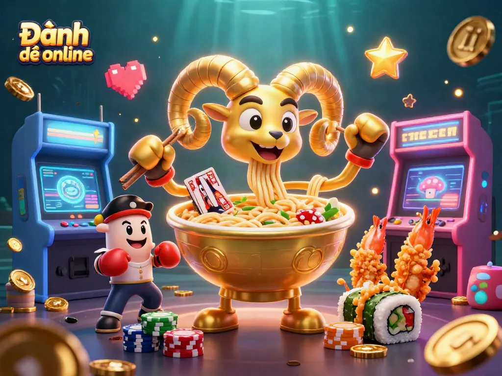 Engage in Đánh đề online with a vibrant scene featuring a ramen bowl dealer and dynamic game elements.