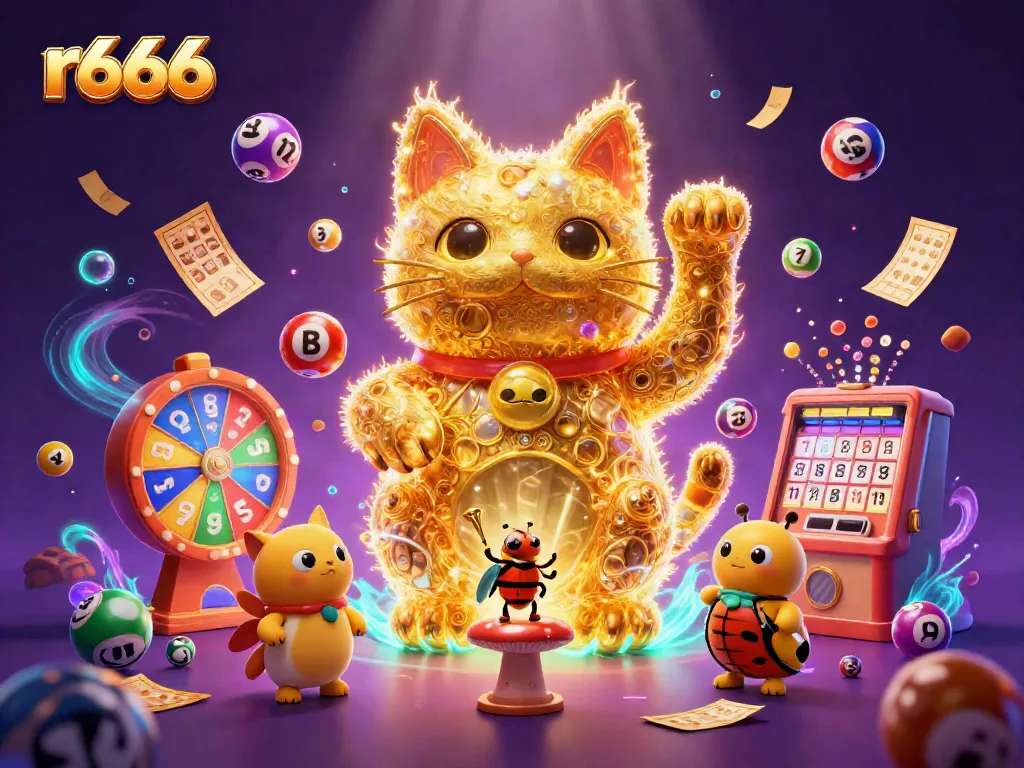 Experience vibrant casino excitement with r666 featuring a golden lucky cat and dynamic lottery scenes.