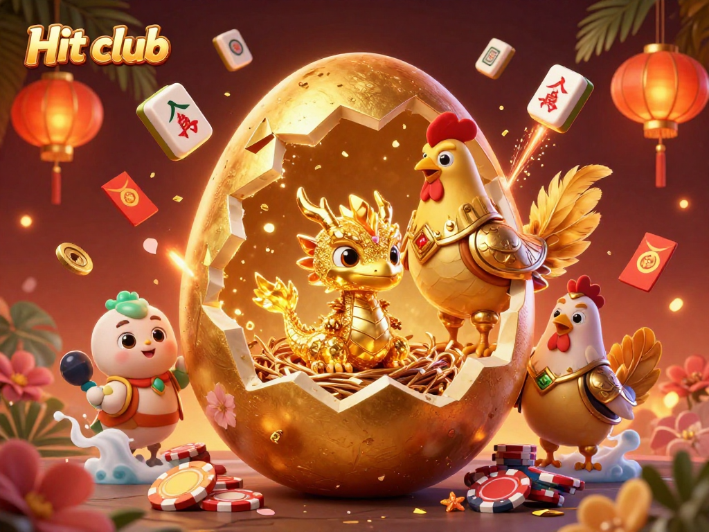 Experience thrilling action at Hit club with golden dragon and poker chips amidst rich casino elements.