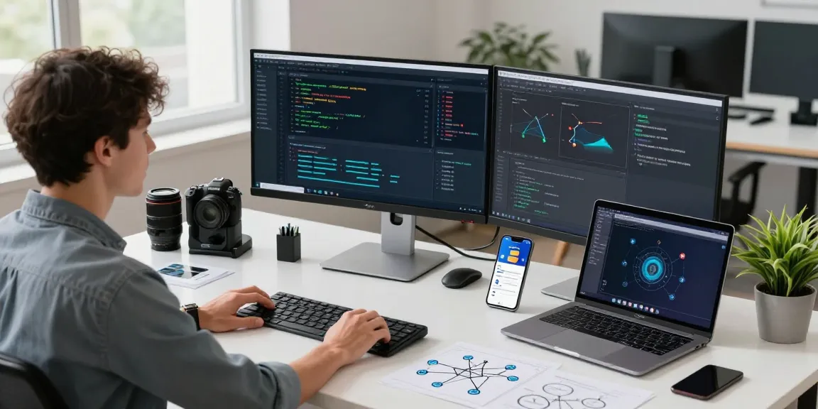 Developer optimizing the 快连 app in a modern tech workspace with dual monitors and innovative tools.
