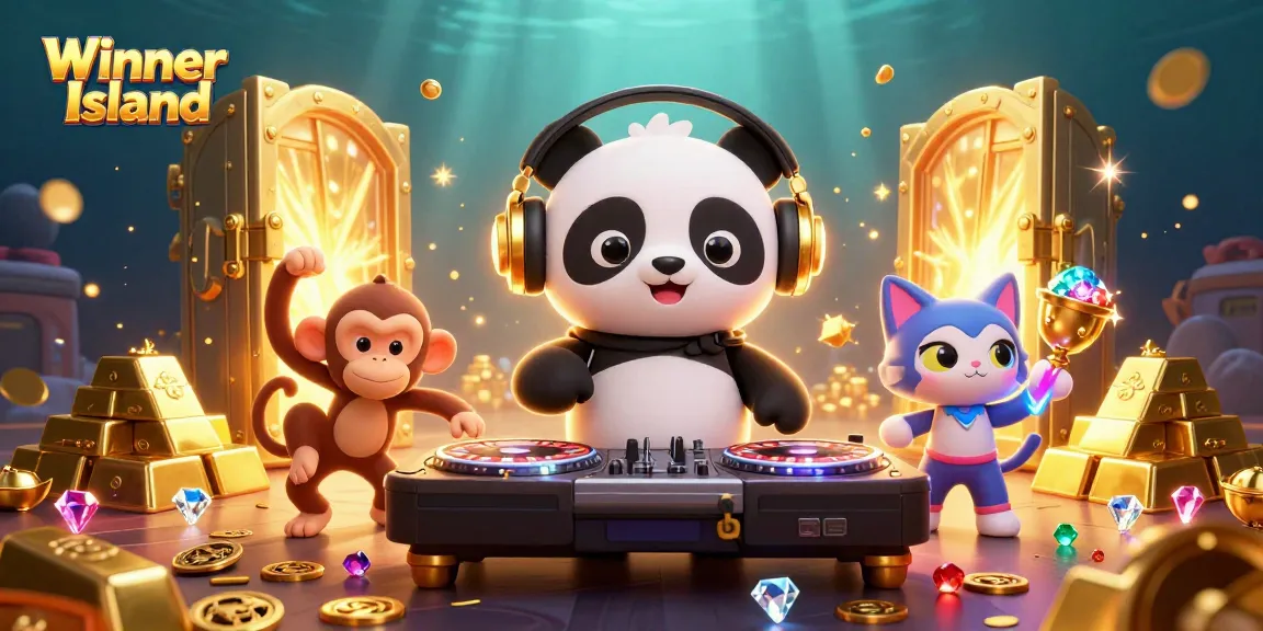 Engage in thrilling wins at Winner Island, featuring a vibrant 3D casino scene with characters and gambling elements.