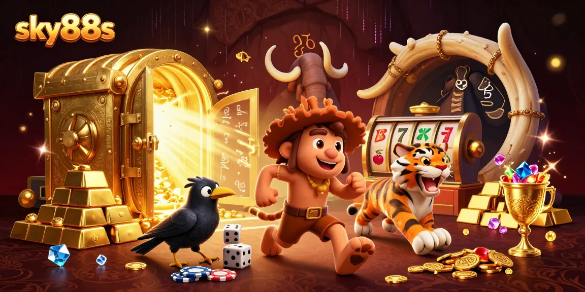 Experience thrilling games at sky88s with a vibrant prehistoric casino scene featuring exciting slot elements.