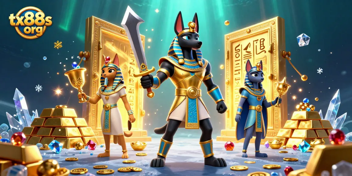 Engage with the vibrant world of tx88s org, featuring Anubis and Bastet in a lively casino scene.