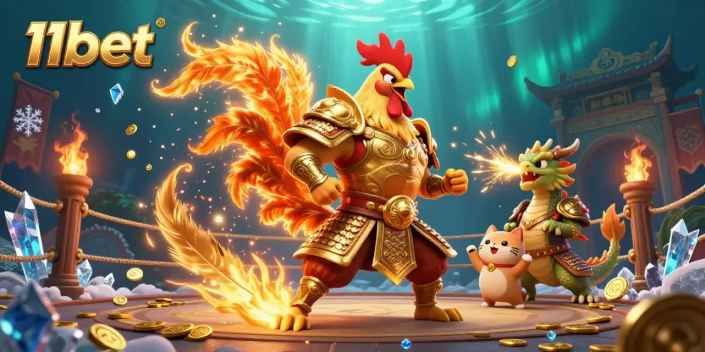Engage with the vibrant 11bet world featuring a fighting rooster warrior, dragon hatchling, and fortune cat mascot, surrounded by dynamic casino elements.