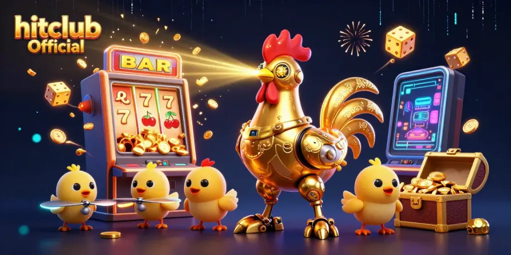 Experience fun at hitclub Official with a golden rooster robot and vibrant casino elements.