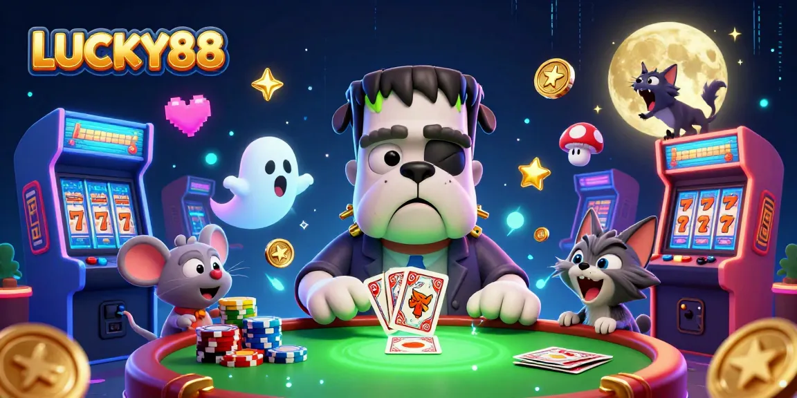 Spin the reels at LUCKY88 with a 3D bulldog dealer at a spooky casino table, engaging atmosphere.