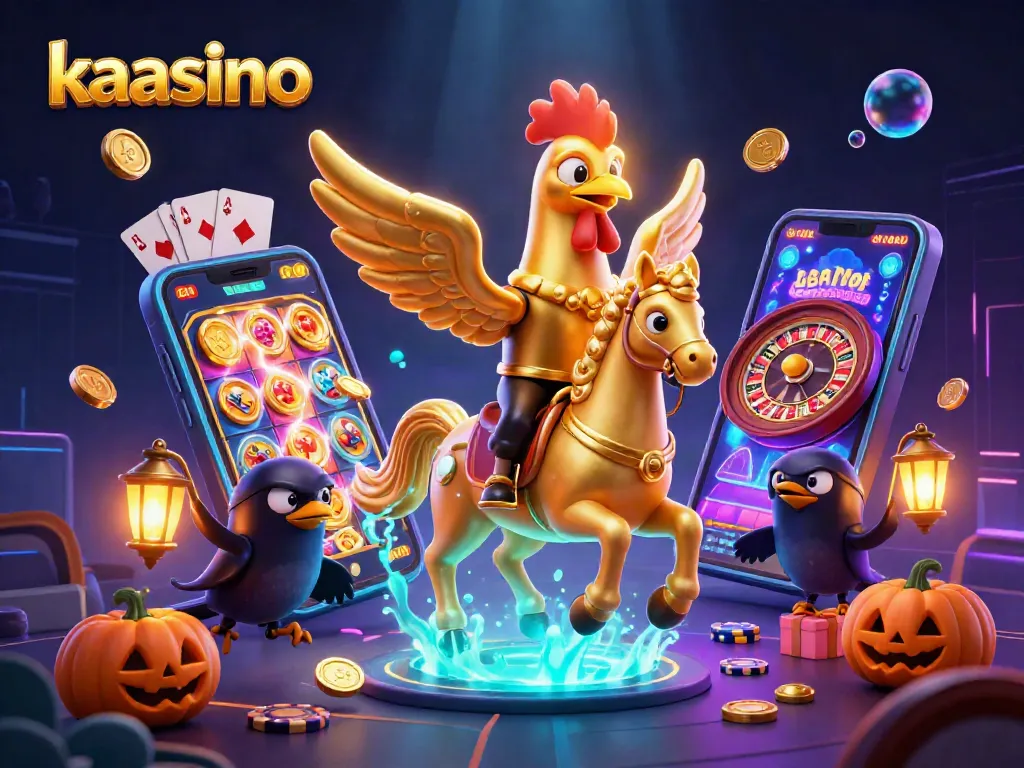 Engaging scene of Kaasino's golden rooster character in a vibrant casino environment with dynamic gaming elements.
