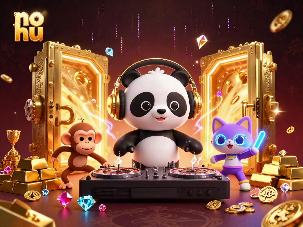 No hu DJ panda spins roulette wheels while monkey breaks dance amid jewels and gold bars in a colorful casino scene.