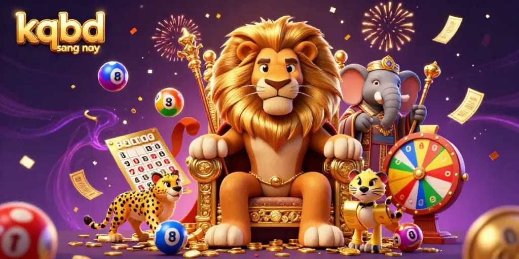KQBD sang nay captures an exciting 3D scene of a lion king on a gold coin throne, surrounded by dynamic lottery elements and celebrated with confetti.
