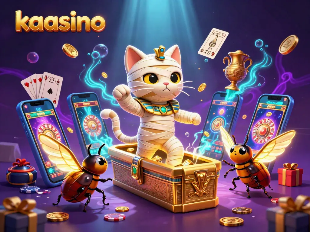 Kaasino reveals an enchanting 3D scene showcasing an Egyptian mummy cat and a scarab beetle amidst dynamic gambling elements.