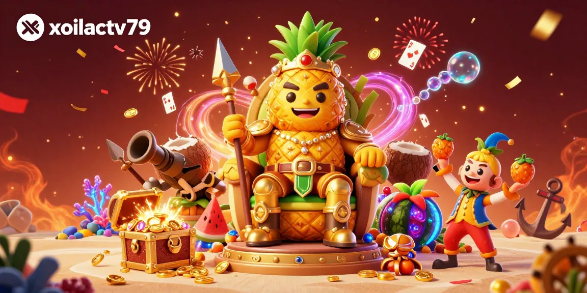 Engage in dynamic sports betting with xoilactv79's vibrant casino world featuring a golden pineapple king.