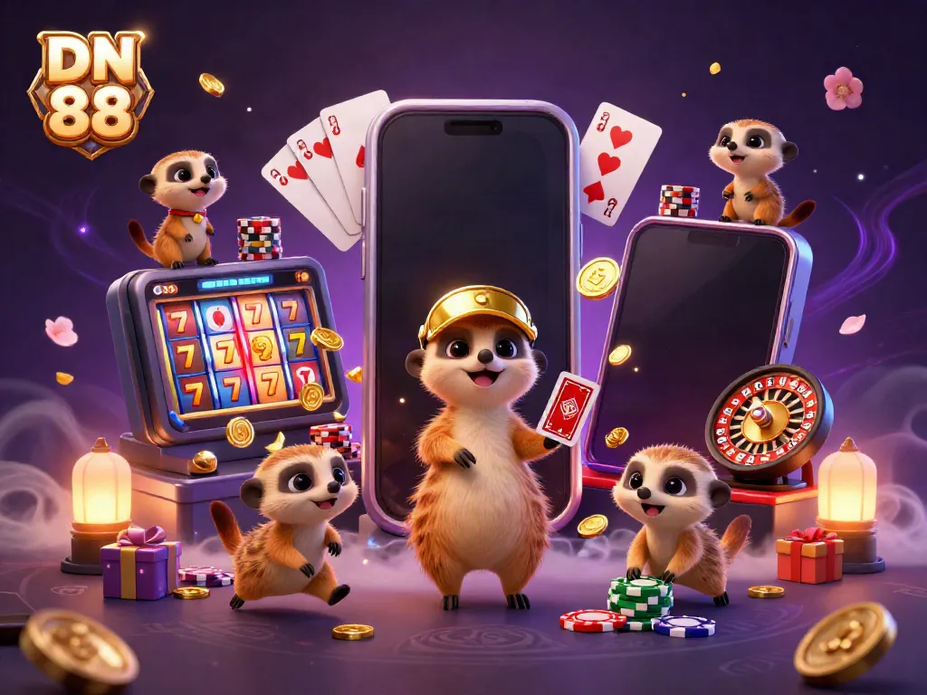 Experience the excitement of DN 88 with a dynamic meerkat casino scene featuring games and vibrant energy.