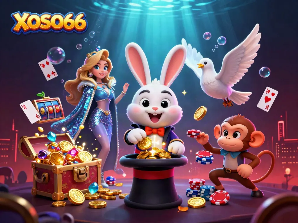 Engage with XOSO66 where a magician rabbit reveals golden coins amidst floating slot game elements in a vibrant scene.