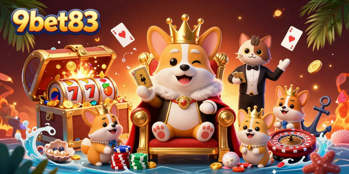 Experience winning with 9bet83's vibrant cartoon scene showcasing lively casino elements.