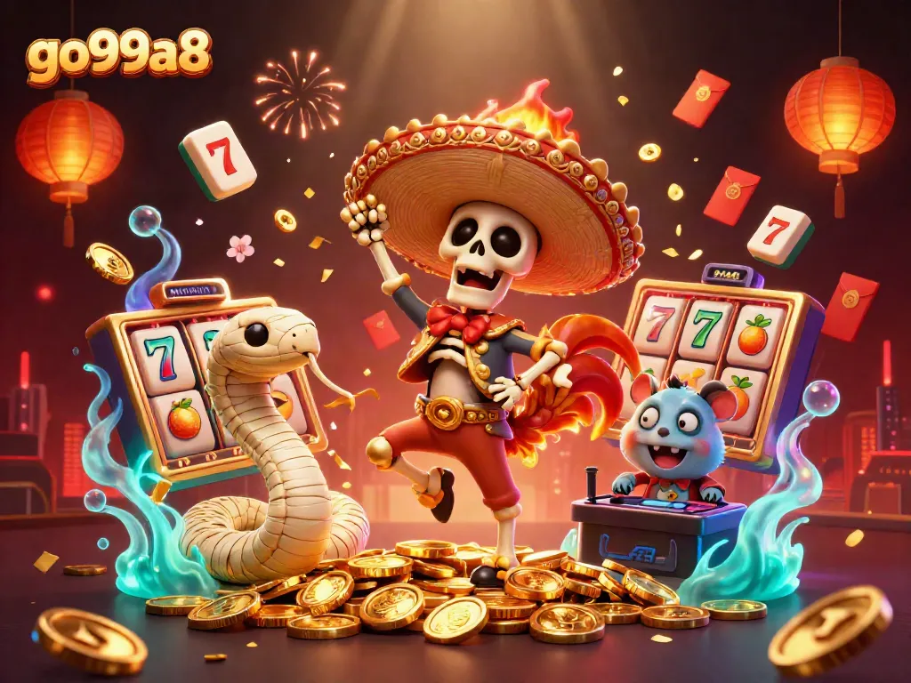 go99a8 showcases a vibrant casino scene with animated characters celebrating amidst slot machine symbols and golden treasures.