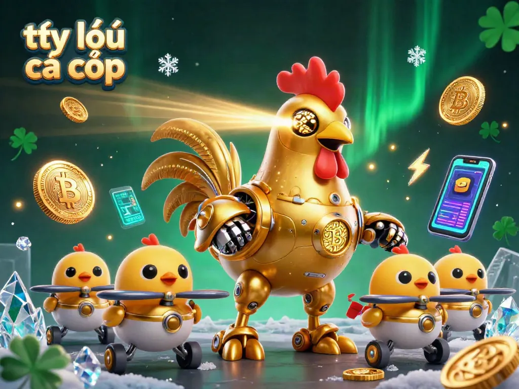 Engage in tỷ lệ cá cược with a futuristic robot and chick drones among cryptocurrency elements.
