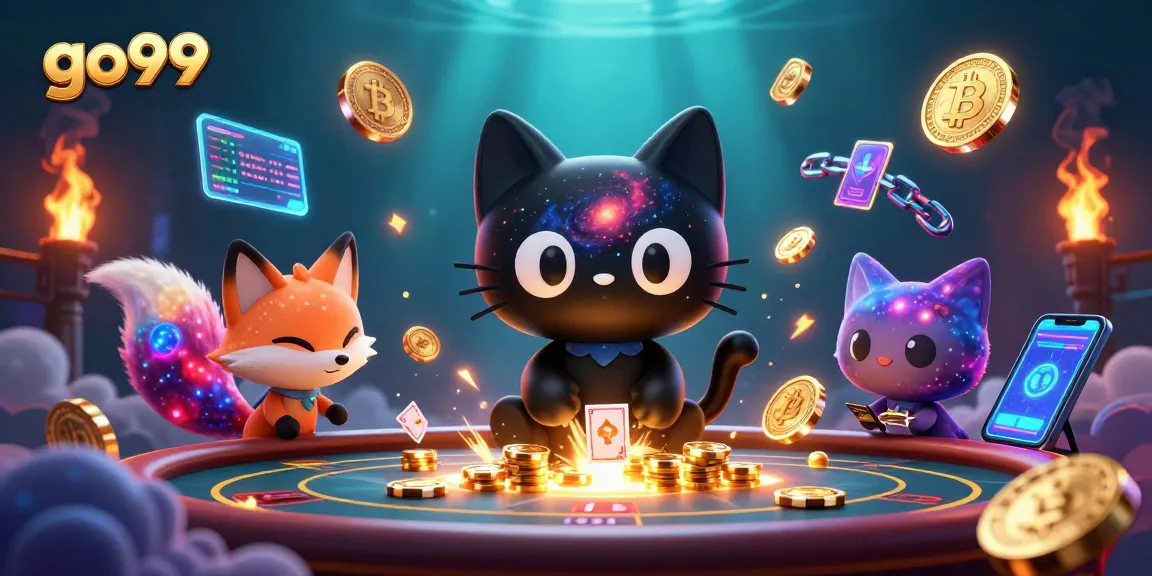 Experience go99's vibrant casino atmosphere with a cosmic cat pulling in winning chips and cards.
