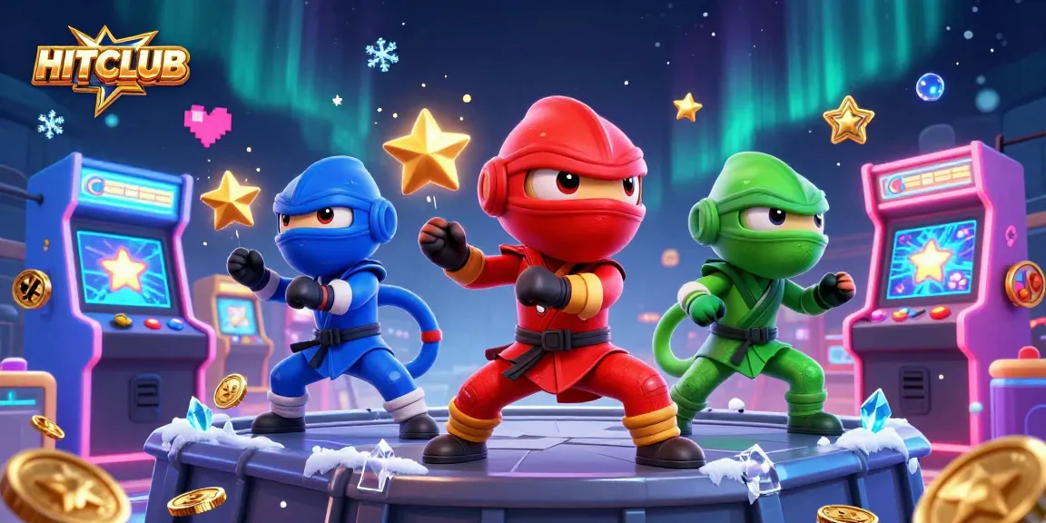 Engage with HITCLUB's vibrant gaming landscape featuring ninja chameleons in action surrounded by arcade elements.