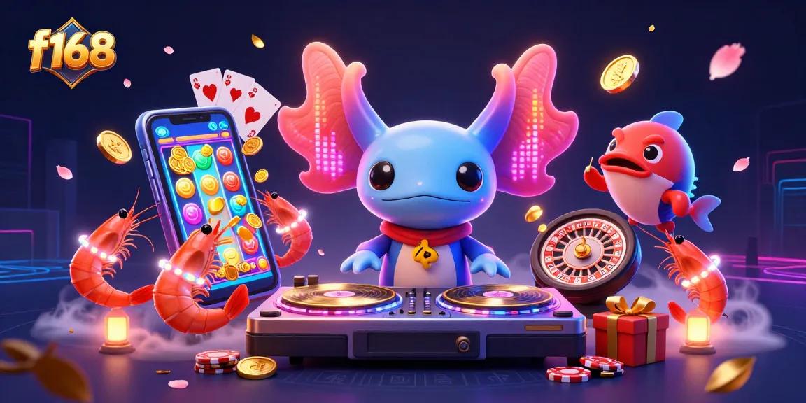 Experience the vibrant f168 gameplay with a neon axolotl DJ mixing at an underwater casino.